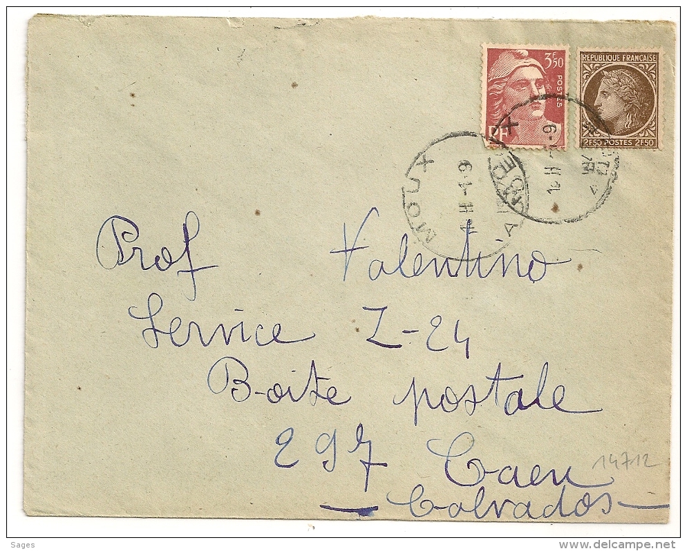 HOROPLAN MOUX Aude Sur Enveloppe. 1947. - 1921-1960: Période Moderne