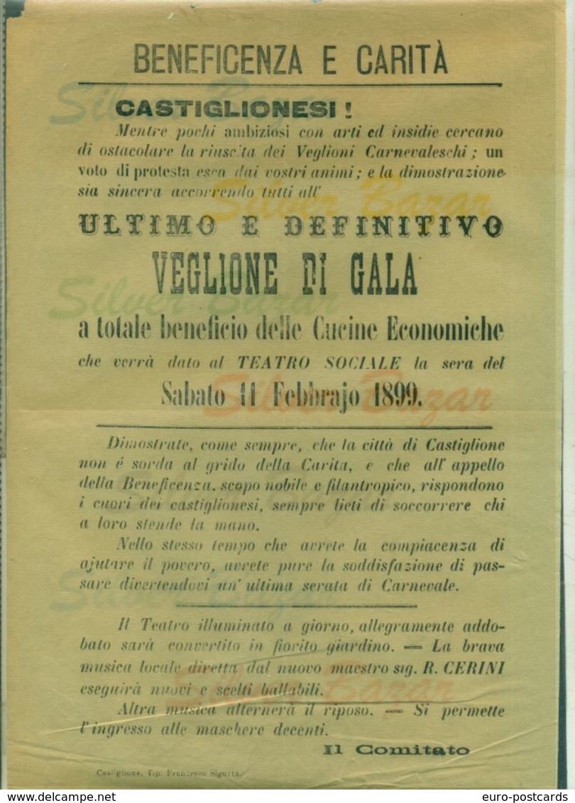 CASTIGLIONE DELLE STIVIERE-LOCANDINA   VEGLIONE CARNEVALE - 1899 - TEATRI - TEATRO SOCIALE - Manifesti