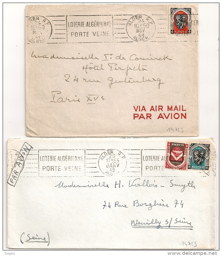 ALGER  Algérie. 2 Mécaniques. 1949. LOTERIE ALGERIENNE PORTE VEINE. - Lettres & Documents