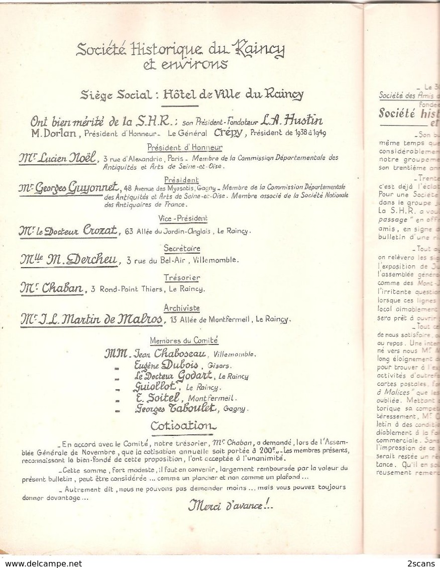 Dépt 93 - Bulletin 21 SOCIÉTÉ HISTORIQUE Du RAINCY (32 P., 1953) - Montfermeil - Clichy-sous-Bois - Gagny - Villemomble - Le Raincy