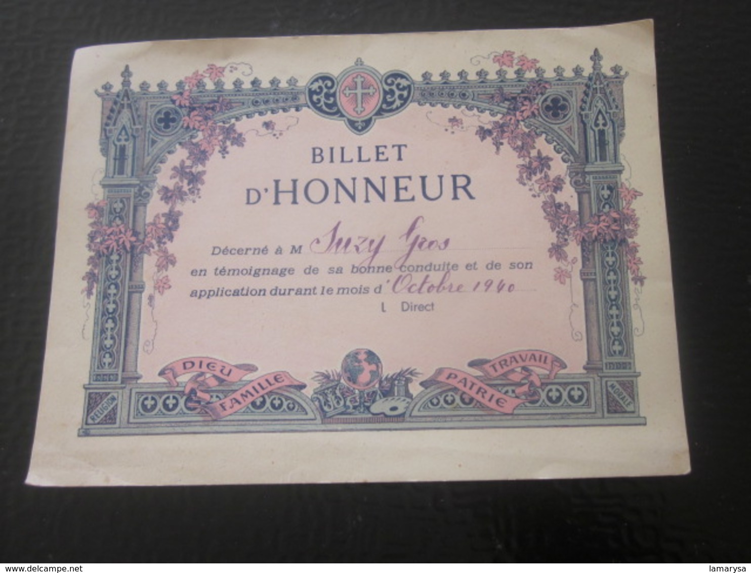 1940 BILLET D' HONNEUR Décerné à Suzy Gros Témoignage Bonne Conduite Application Diplôme & Bulletin Scolaire WW2 - Diplômes & Bulletins Scolaires