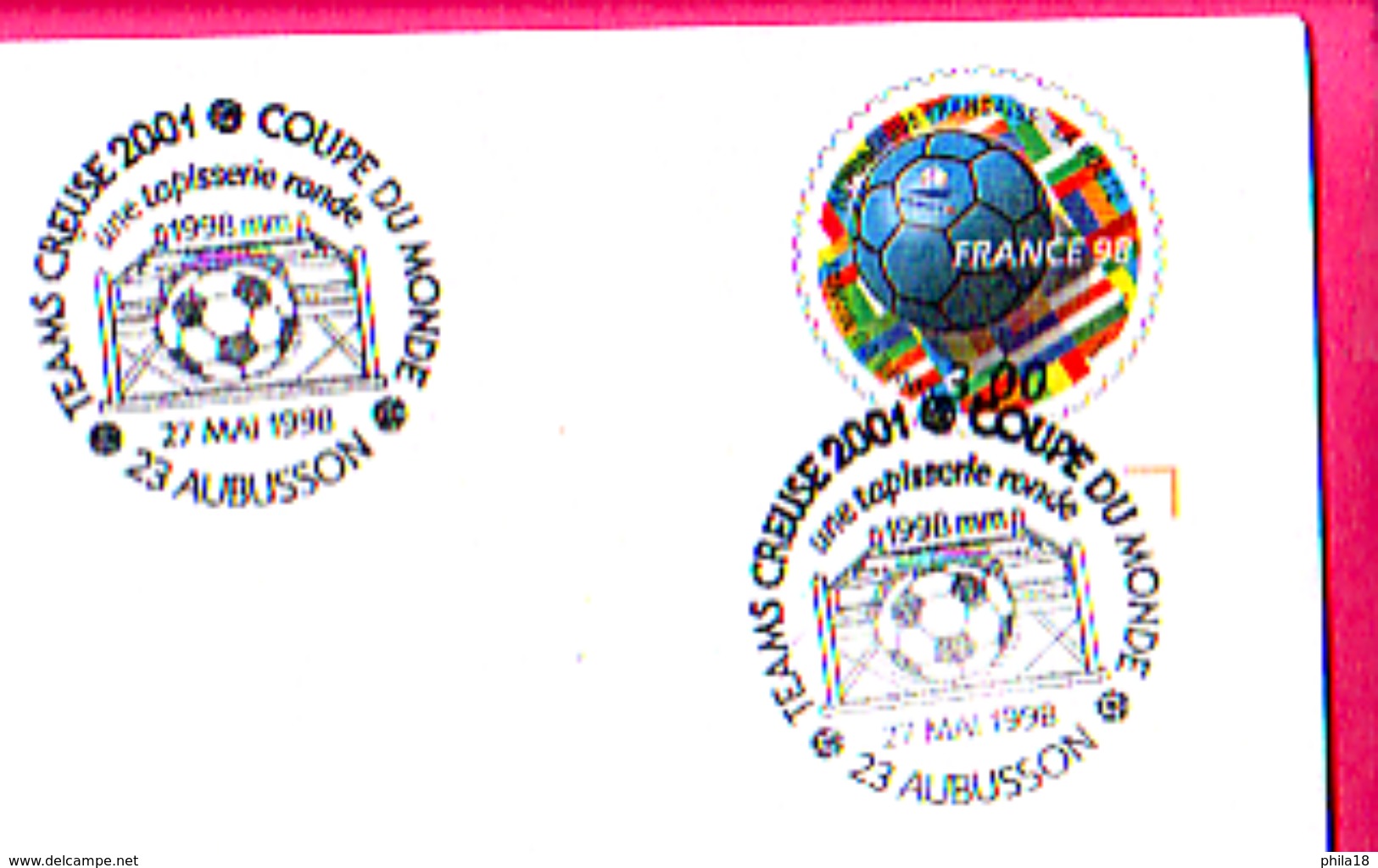 SPORT FOOT PRET A POSTER COUPE DU MONDE 1998 CACHET TEAMS CREUSE 2001 FOOTBALL CREUSE 98 AUBUSSON 23 - 1961-....