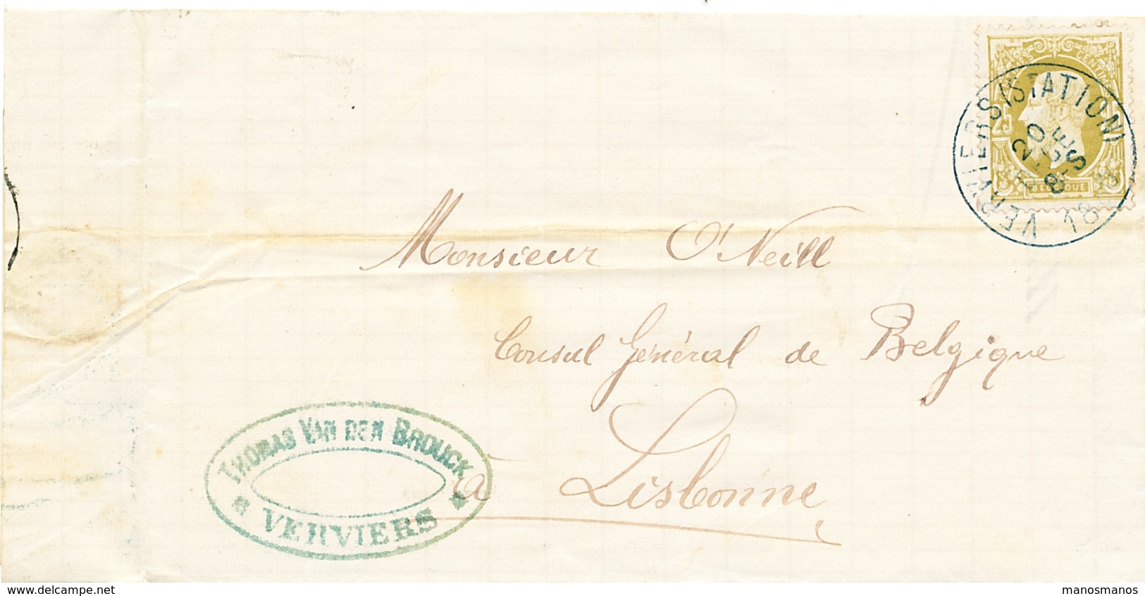 139/26 - Lettre TP 32 VERVIERS Station 1880 Vers LISBONNE - Cachet De Passage RARISSIME PORTUGAL MIDI ( Ambulant) - Doorgangstempels