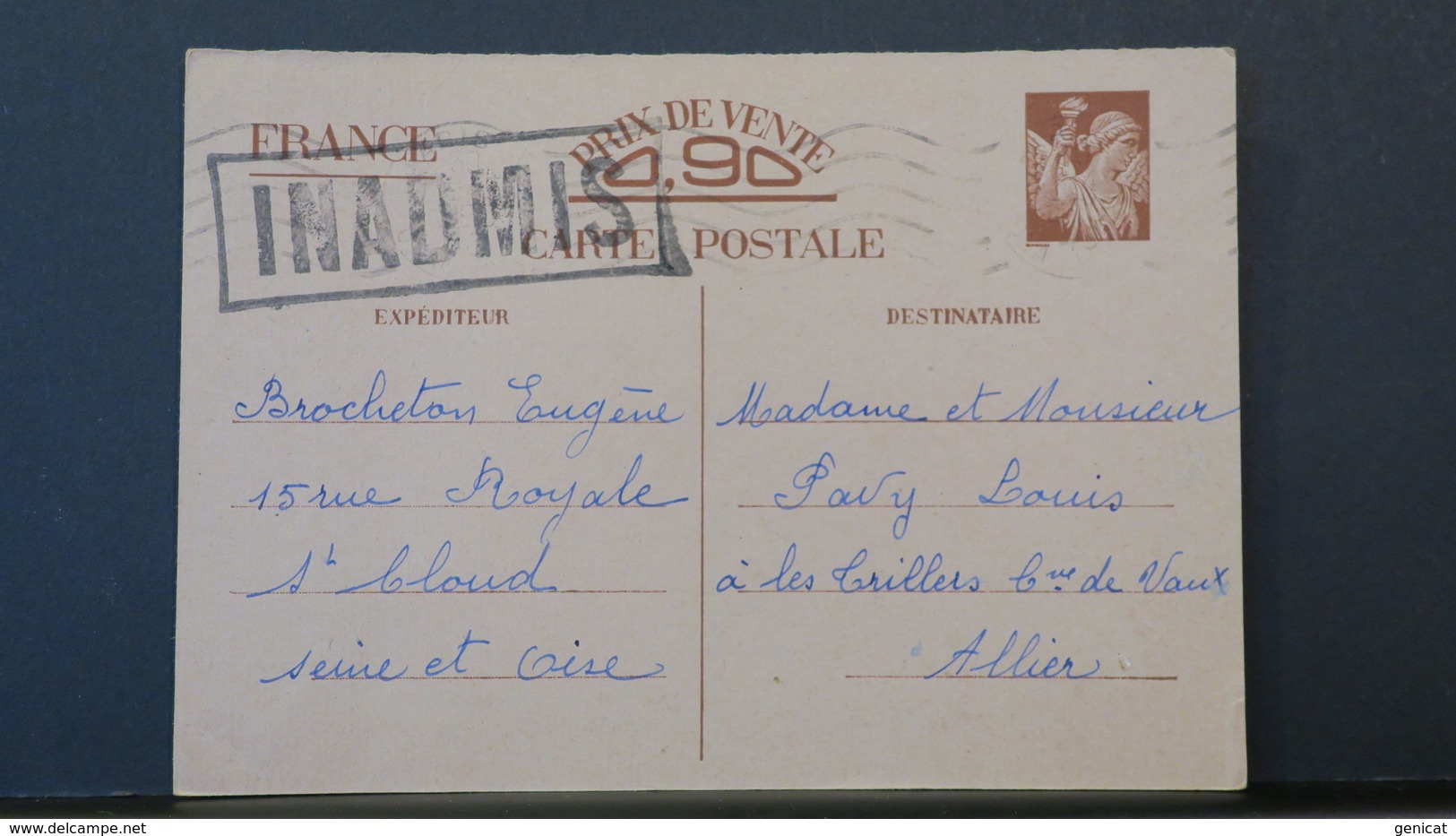 Entier Postal Iris De St Cloud Pour Commune De Vaux Allier Griffe Inadmis  (rédaction Non Conforme) Décembre 1940 - Cartes Postales Types Et TSC (avant 1995)