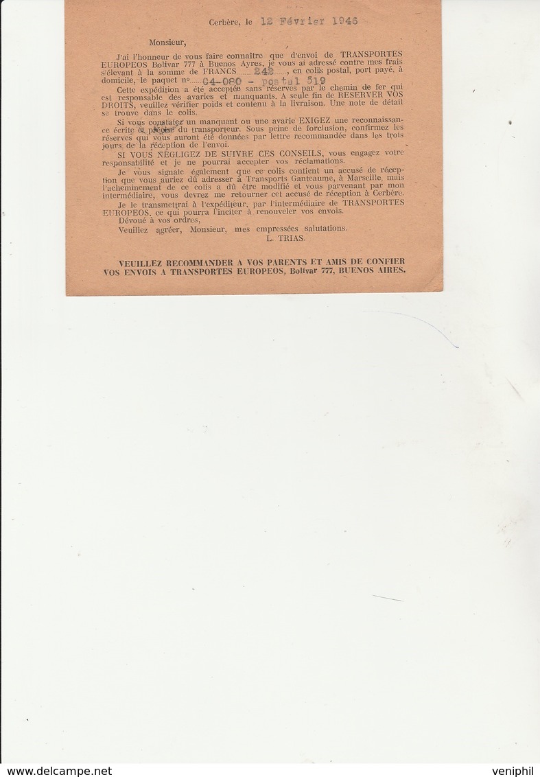 CARTON COMMERCIAL AFFRANCHI N° 676 PAIRE + N° 685  CAD CERBERE -PYRENNES OR. ANNEE 1946 - 1921-1960: Modern Tijdperk