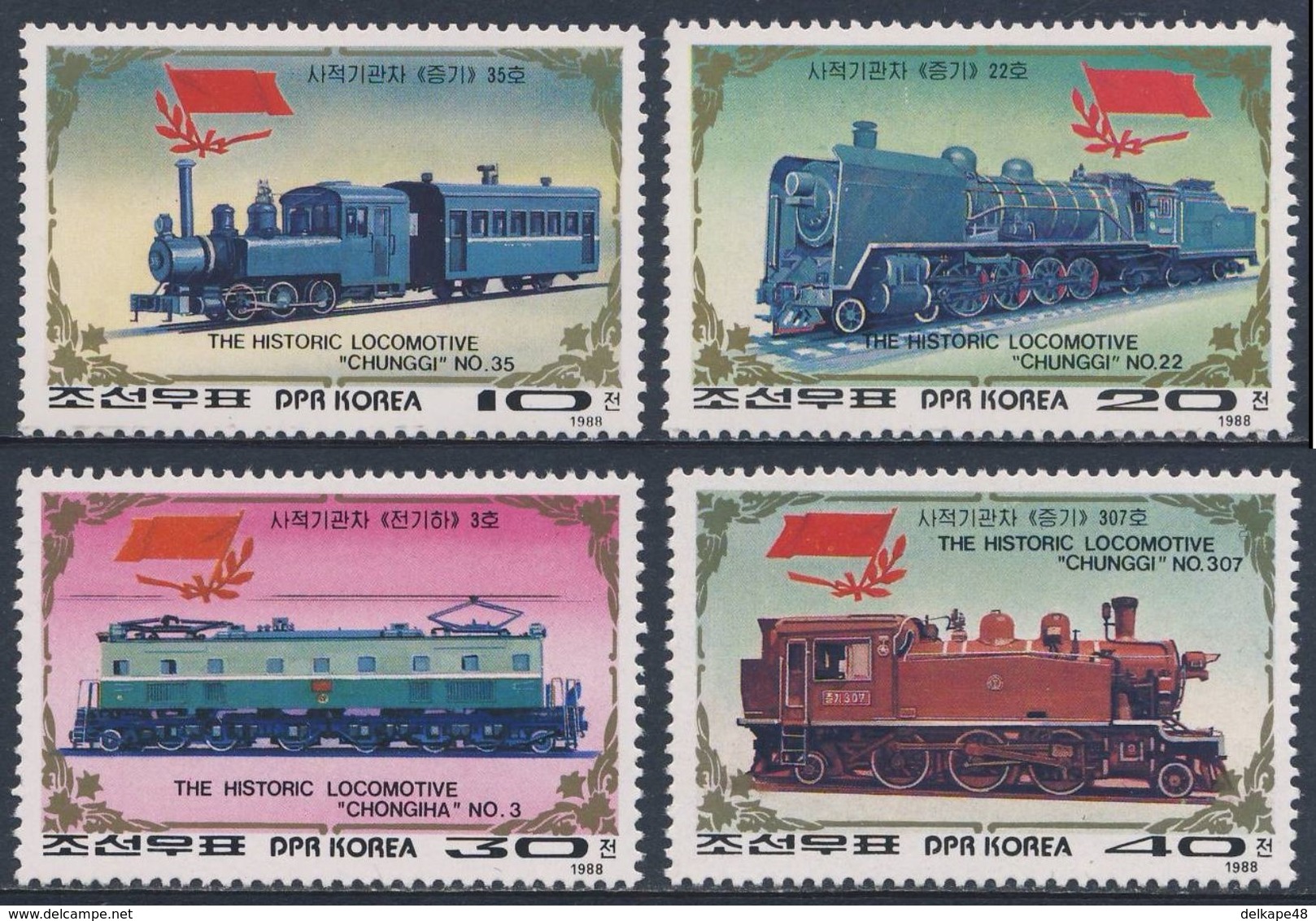 Korea North 1988 Mi 2970 /3 YT 2007 /0 ** "Chunggi Nr. 35 + 22 + 3 + 307" - Railway Locomotive / Historische Lokomotiven - Treinen