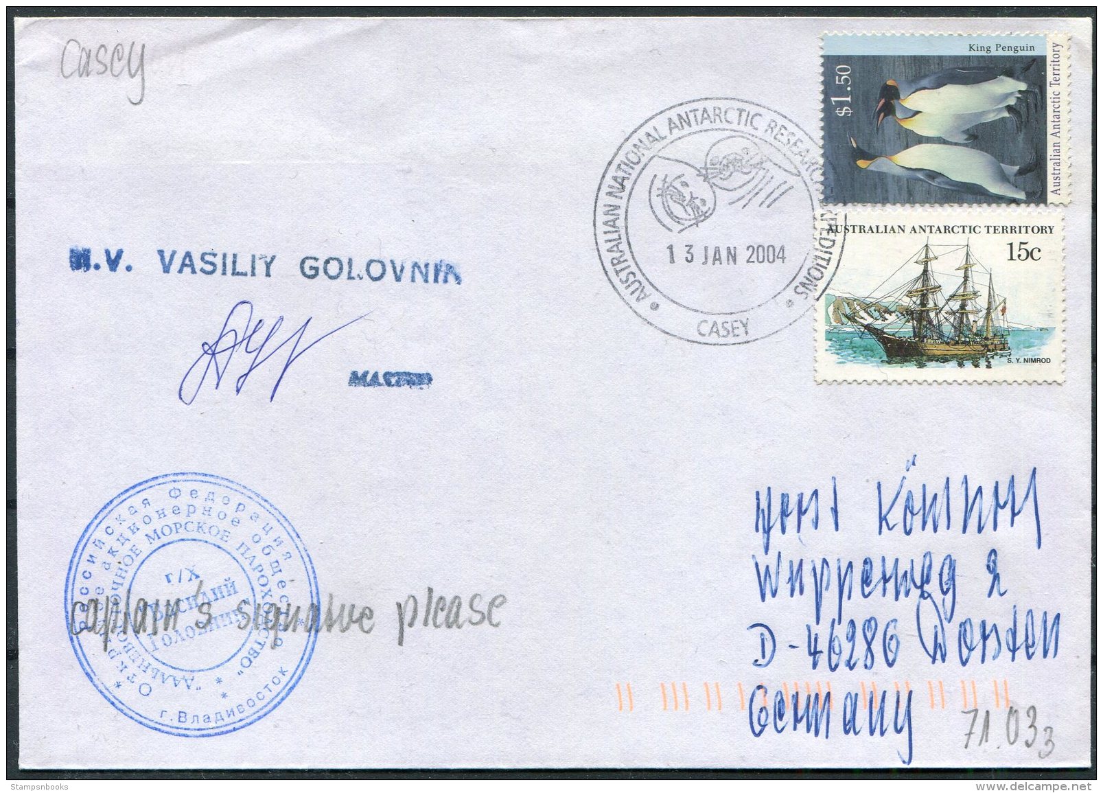 2004 Australia Antarctic A.A.T. AAT Polar A.N.A.R.E. CASEY Expedition Penguin M/V VASILIY GOLOVNIN Ship Cover - Covers & Documents