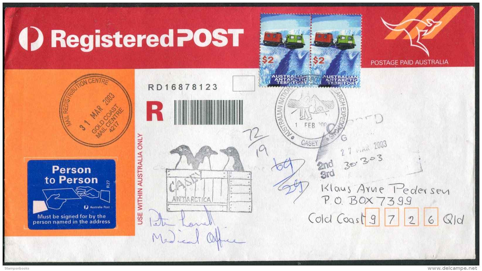 2003 Australia Antarctic A.A.T. Polar A.N.A.R.E. CASEY Expedition Penguin Registered Cover SIGNED Medical Officer - Covers & Documents