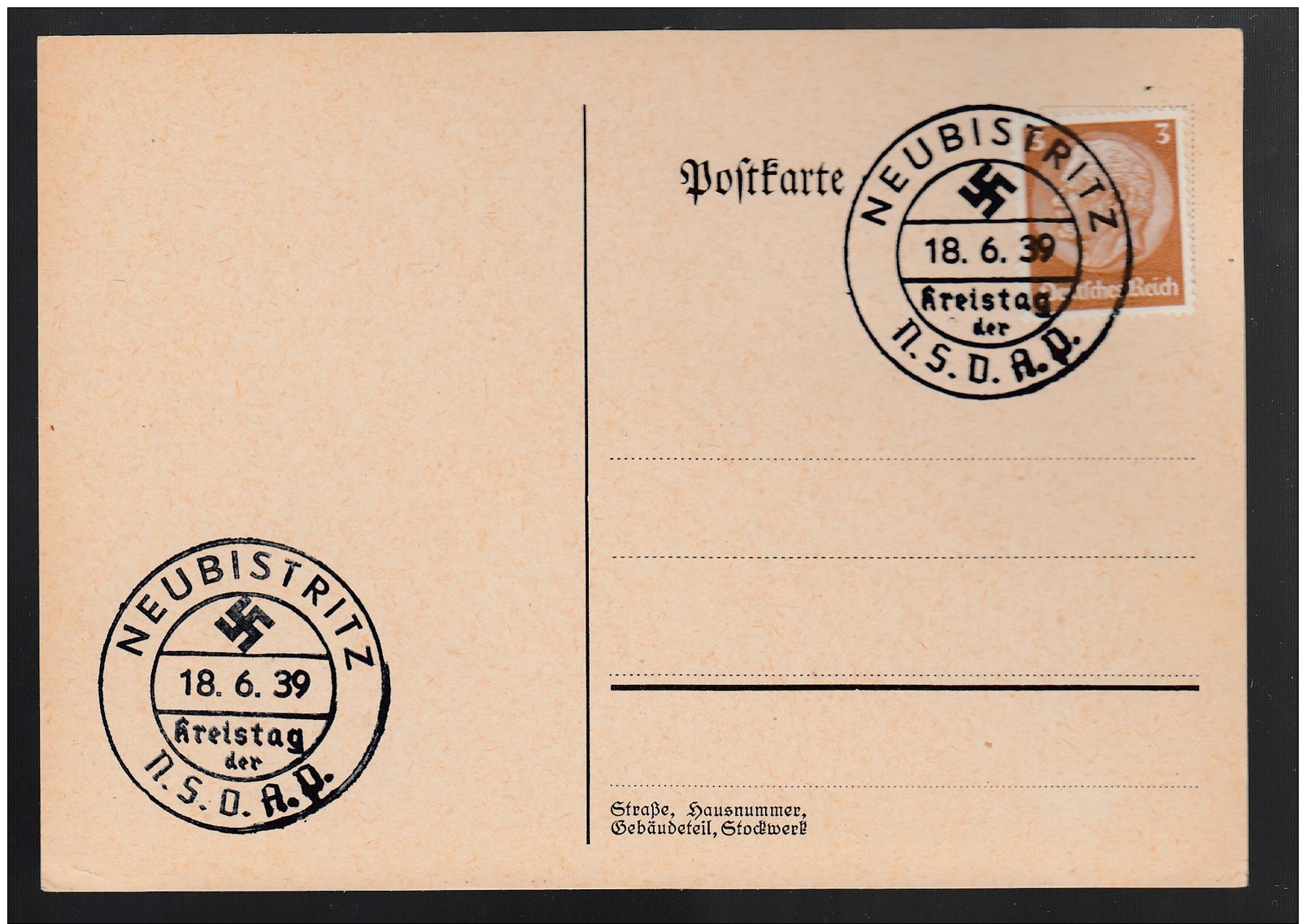 DR Postkarte Sonderstempel Kreistag NSDAP 1939 Neubistritz Ungelaufen K837 - Maschinenstempel (EMA)