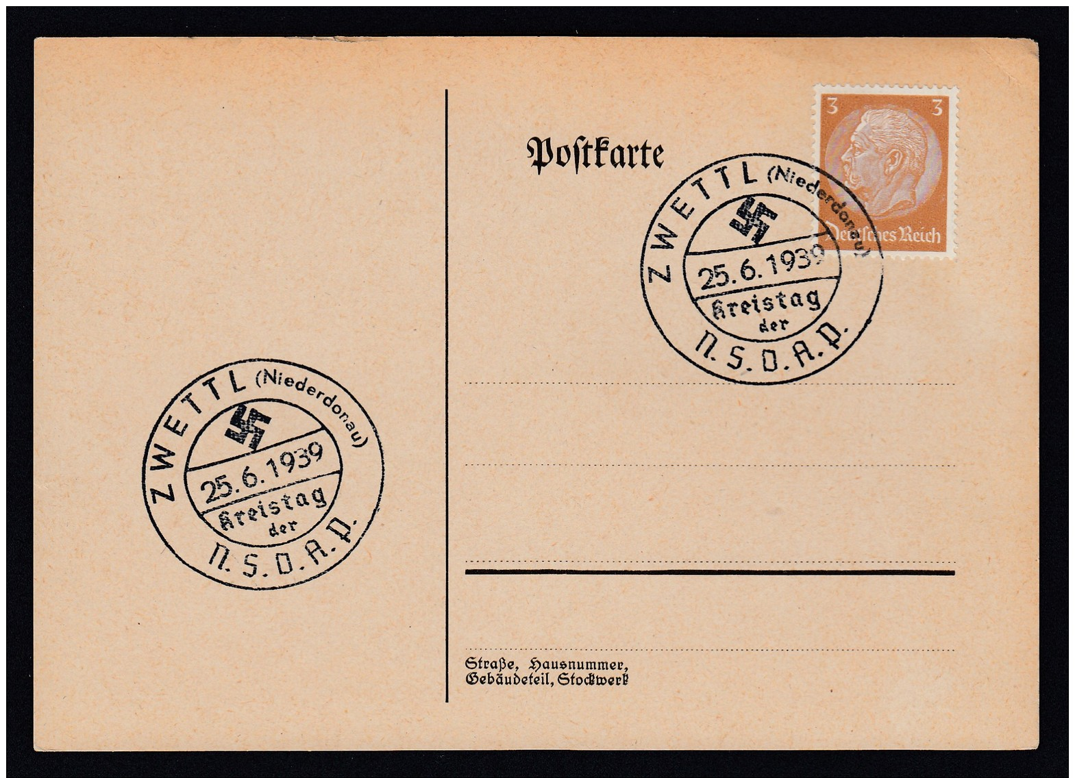 DR Postkarte Sonderstempel Kreistag NSDAP 1939 Zwettel Niederdonau K1113 - Maschinenstempel (EMA)