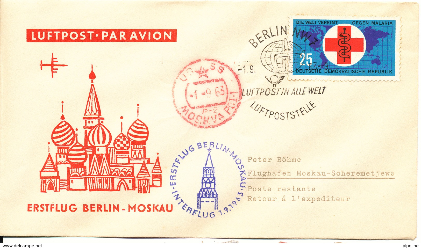 Germany Cover First Interflug Flight Berlin - Moscow 1-9-1963 - Covers & Documents