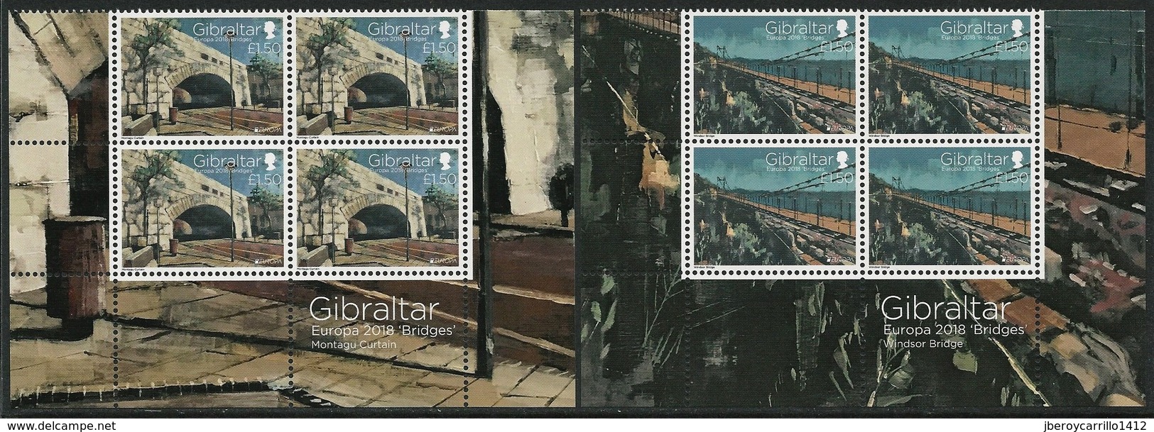 GIBRALTAR - EUROPA 2018  -TEMA ANUAL - "PUENTES.- BRIDGES - BRÜCKEN - PONTI" - SERIE 2 V.en BLOQUES De 4 INFERIOR HOJA - 2018