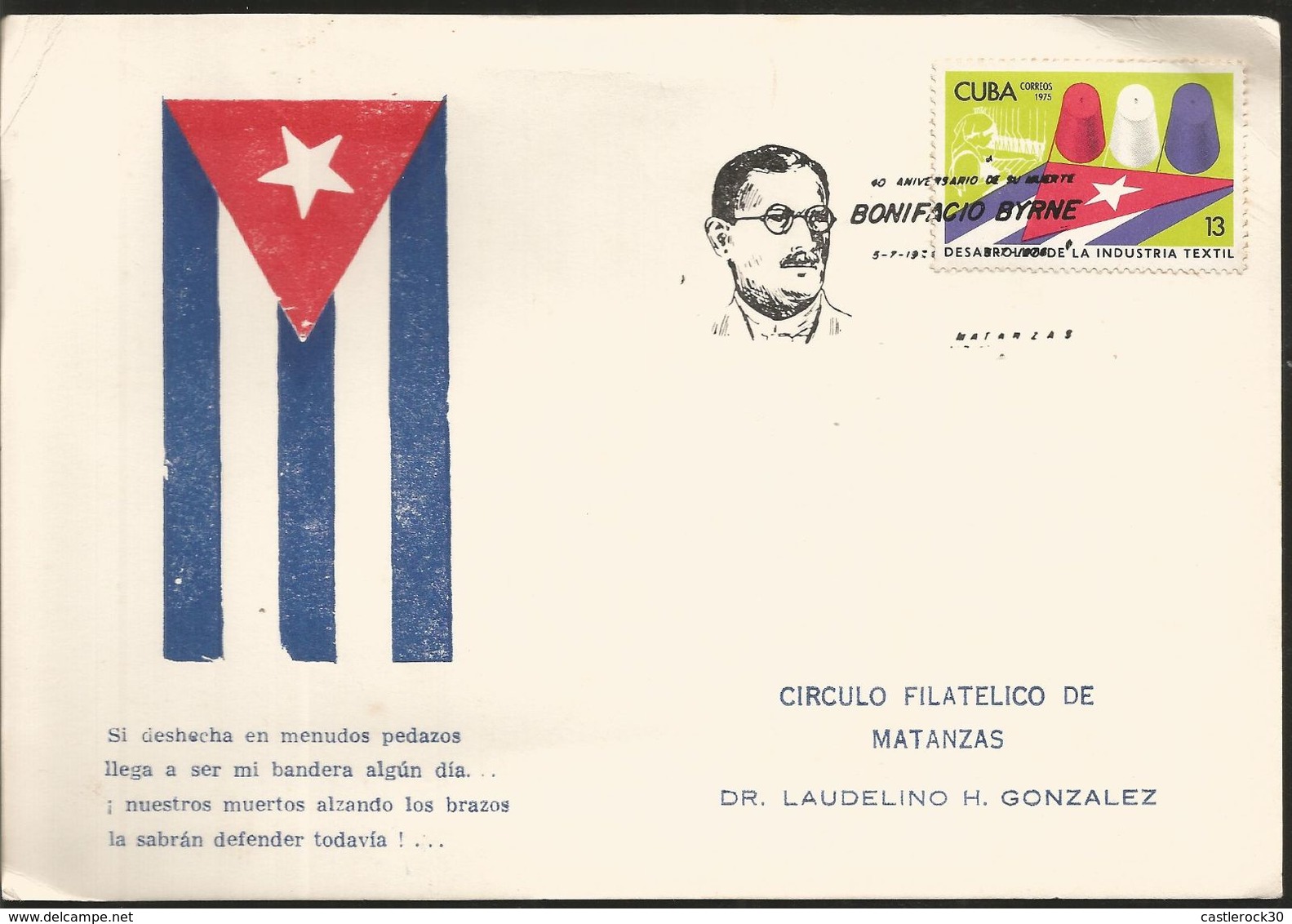 J) 1975 CUBA-CARIBE, 40 ANNIVERSARY OF HIS DEATH BONIFACIO BYRNE, FLAG, SOUVENIR CARD - Covers & Documents