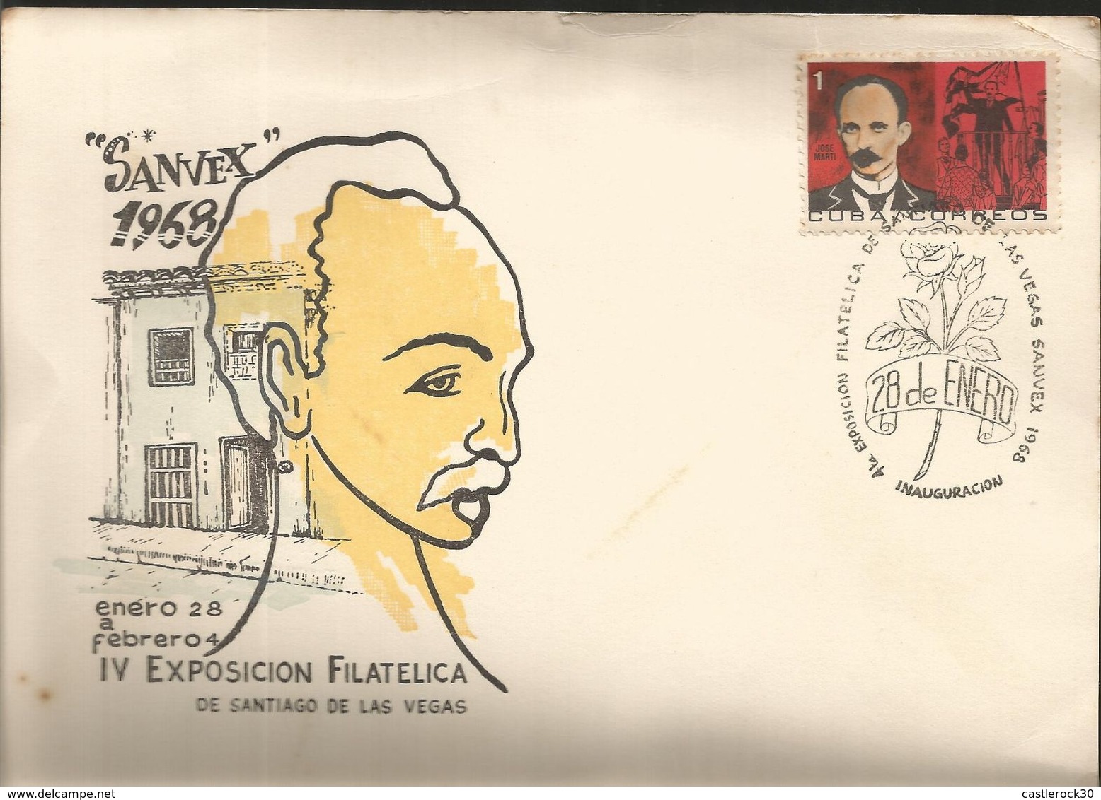 J) 1968 CUBA-CARIBE, IV PHILATELIC EXHIBITION OF SANTIAGO DE LAS VEGAS, JOSE MARTI, ROSE, SOUVENIR CARD - Briefe U. Dokumente