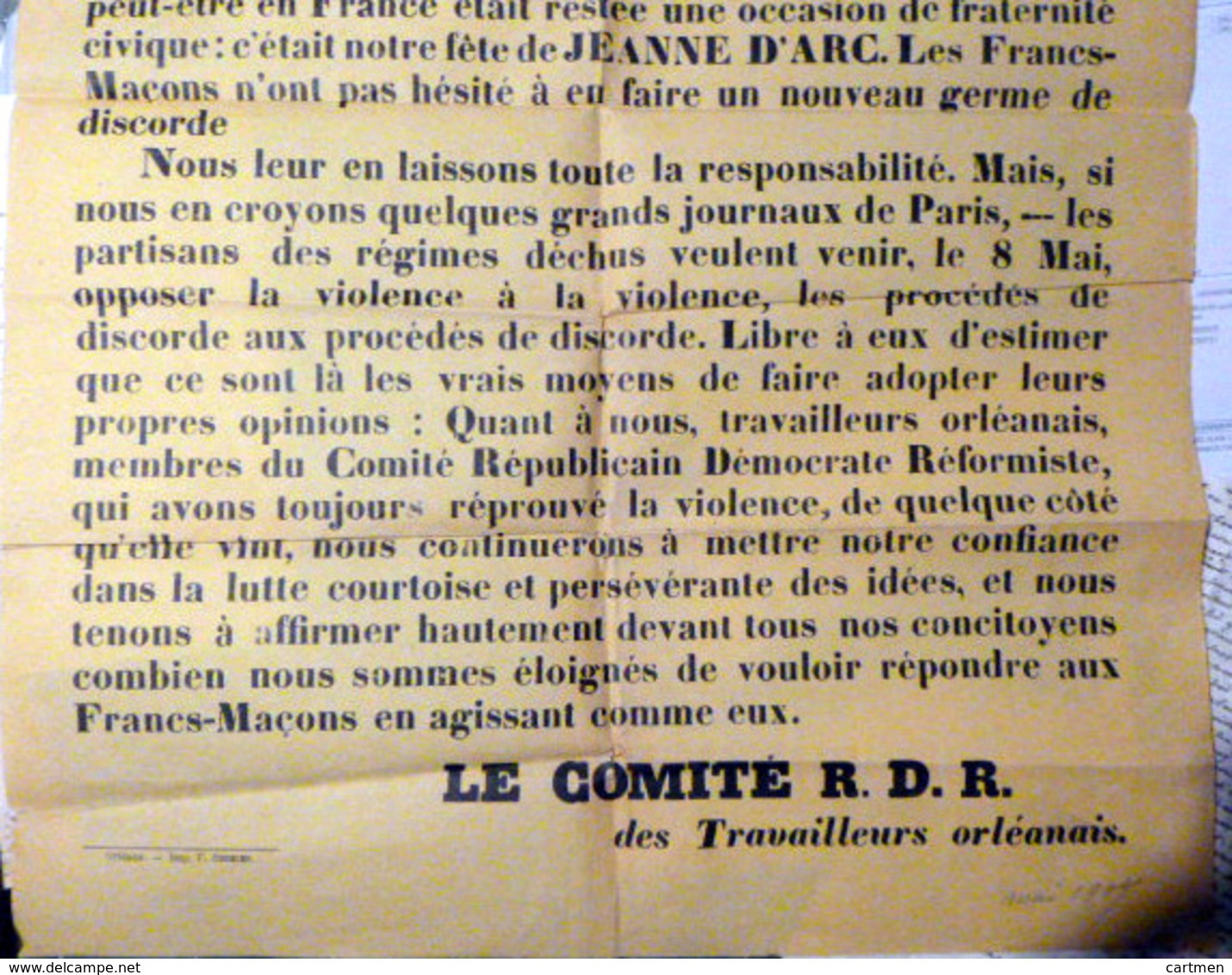 45 ORLEANS FRANC MACONNERIE PLACARD ANTI MACONNIQUE DENONCANT L'OPPOSITION A LA FETE DE JEANNE D'ARC 1904 - Documents Historiques