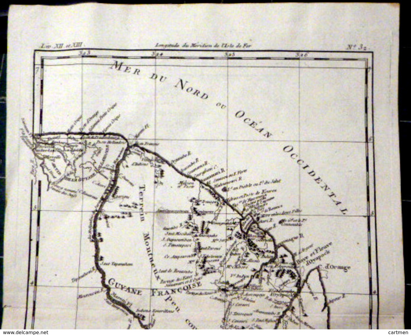 GUYANE FRANCAISE CARTE GEOGRAPHIQUE 18° GUYANE DRESSEE PAR BONNE VERS 1770 BEL ETAT 37 X 24 CM AUTHENTIQUE DECORATIVE - Cartes Géographiques