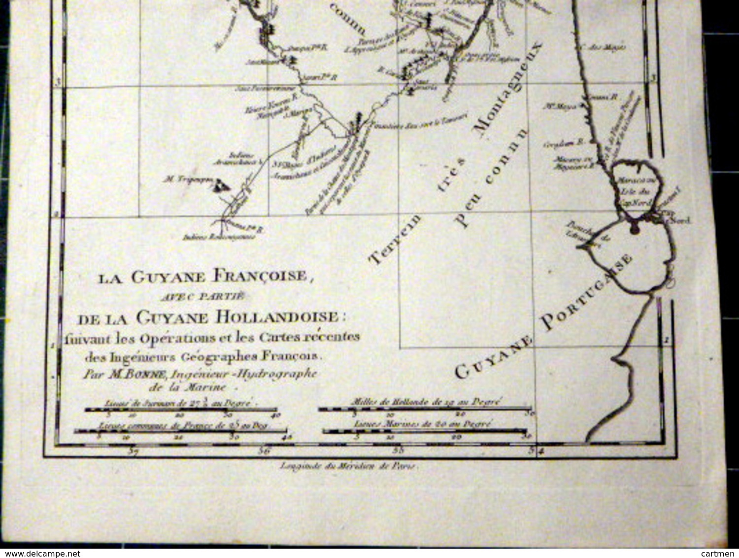 GUYANE FRANCAISE CARTE GEOGRAPHIQUE 18° GUYANE DRESSEE PAR BONNE VERS 1770 BEL ETAT 37 X 24 CM AUTHENTIQUE DECORATIVE - Carte Geographique