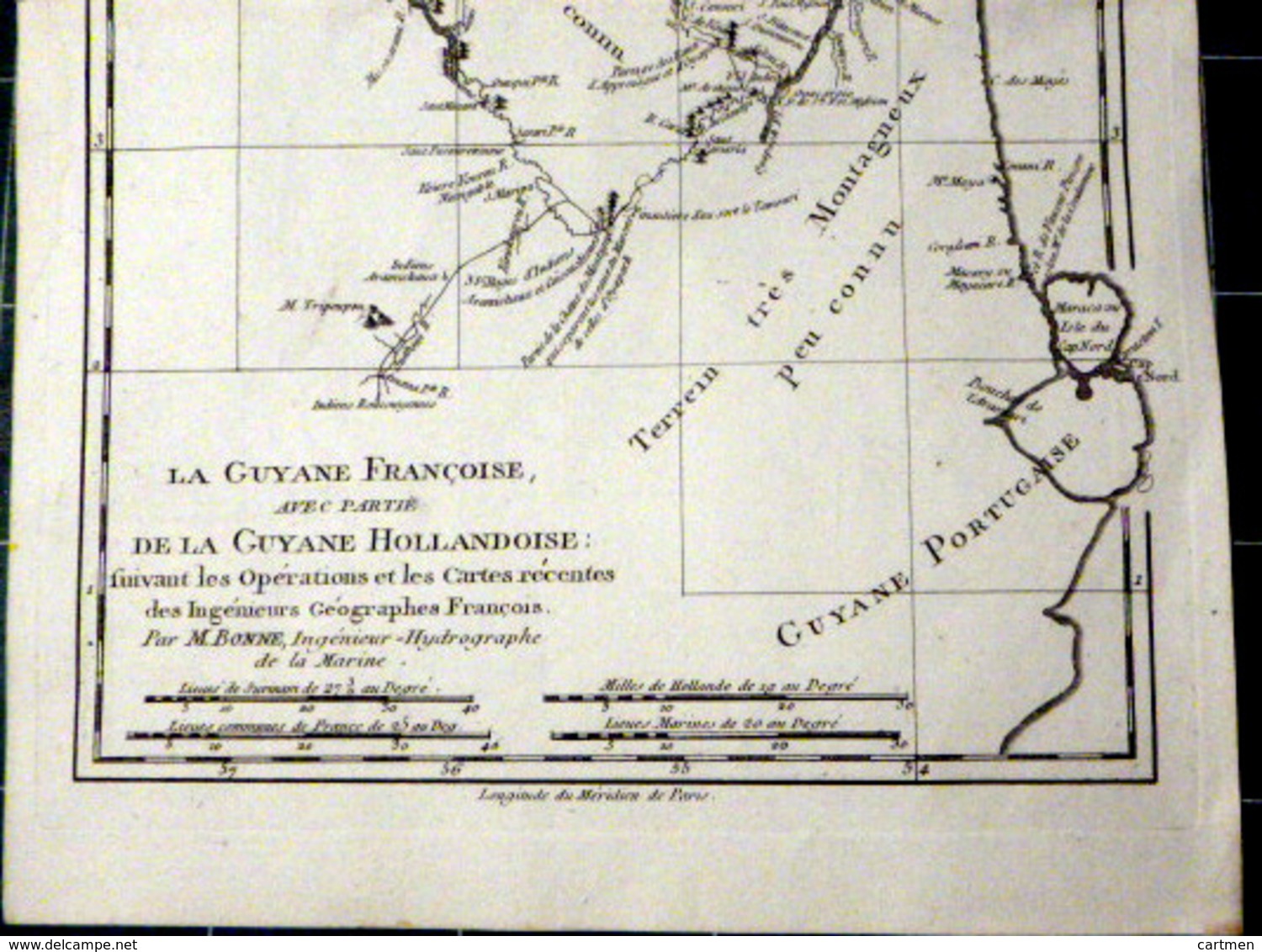 GUYANE FRANCAISE CARTE GEOGRAPHIQUE 18° GUYANE DRESSEE PAR BONNE VERS 1770 BEL ETAT 37 X 24 CM AUTHENTIQUE DECORATIVE - Cartes Géographiques