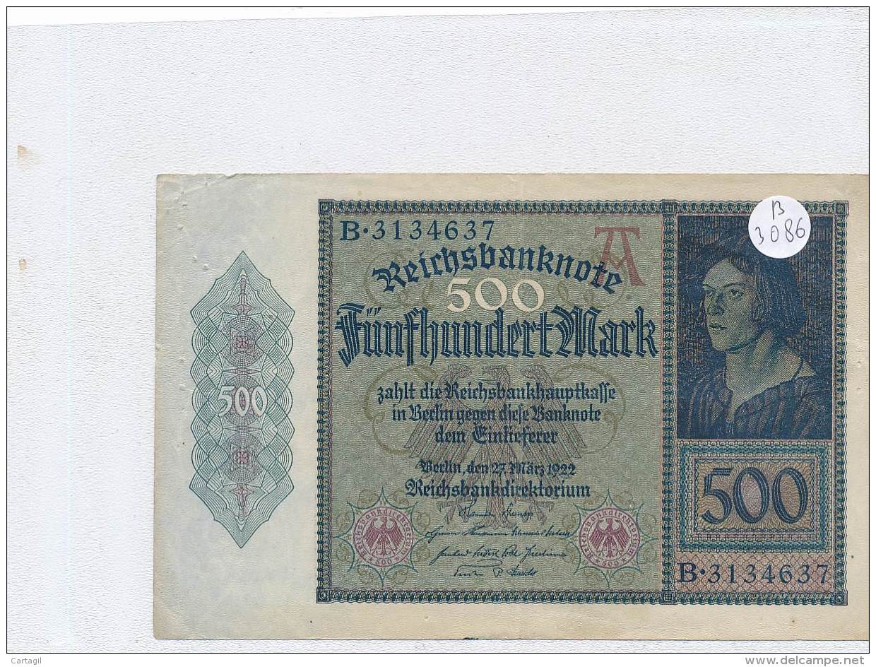 Billets -B3086- Allemagne - 500 Mark 1922 (type, Nature, Valeur, état... Voir  Double Scan) - 500 Mark