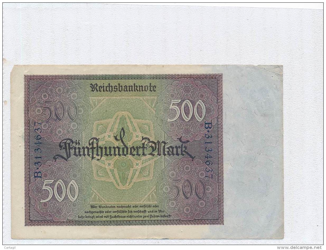 Billets -B3086- Allemagne - 500 Mark 1922 (type, Nature, Valeur, état... Voir  Double Scan) - 500 Mark