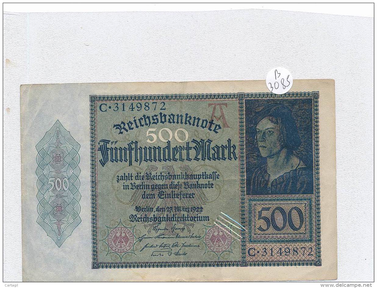 Billets -B3085- Allemagne - 500 Mark 1922 (type, Nature, Valeur, état... Voir  Double Scan) - 500 Mark