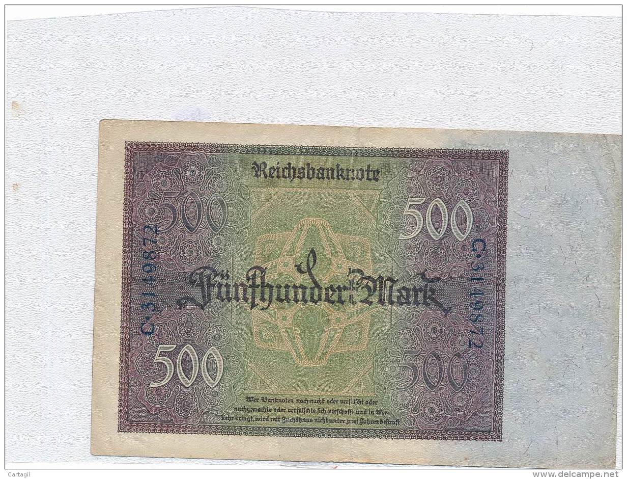 Billets -B3085- Allemagne - 500 Mark 1922 (type, Nature, Valeur, état... Voir  Double Scan) - 500 Mark