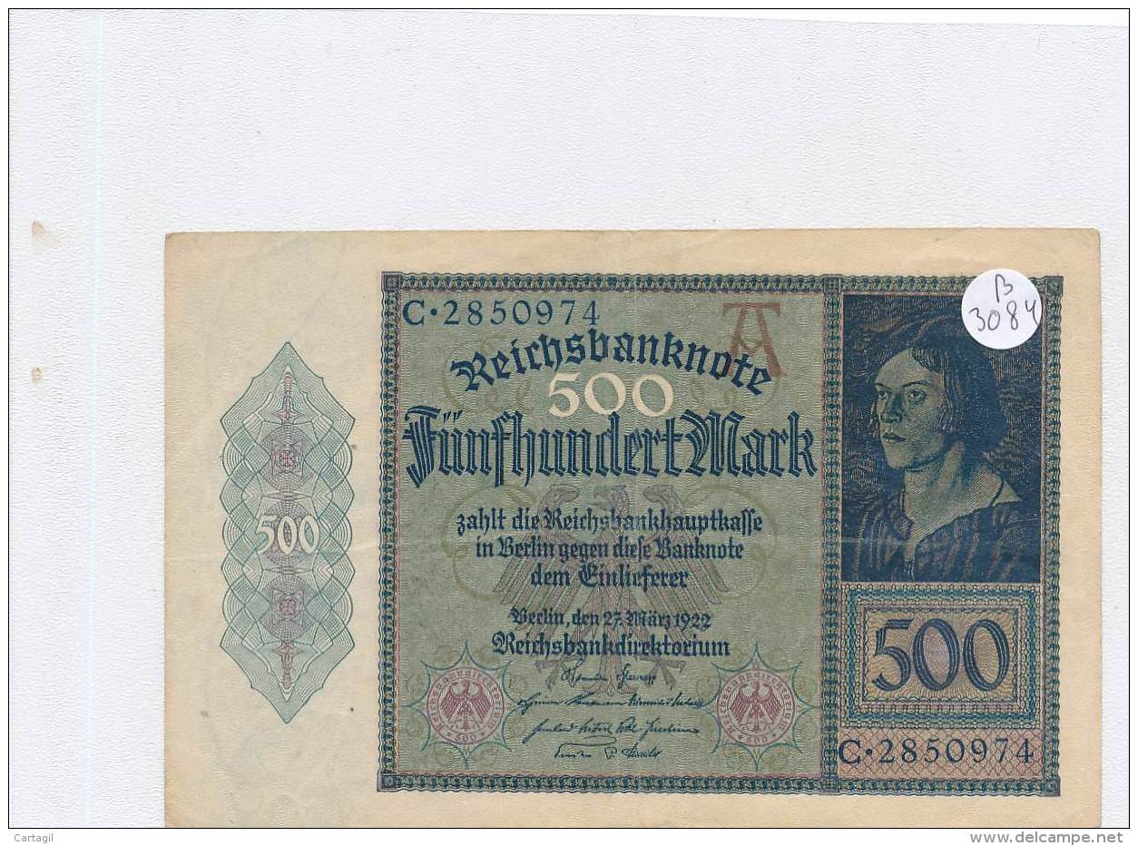 Billets -B3084- Allemagne - 500 Mark 1922 (type, Nature, Valeur, état... Voir  Double Scan) - 500 Mark