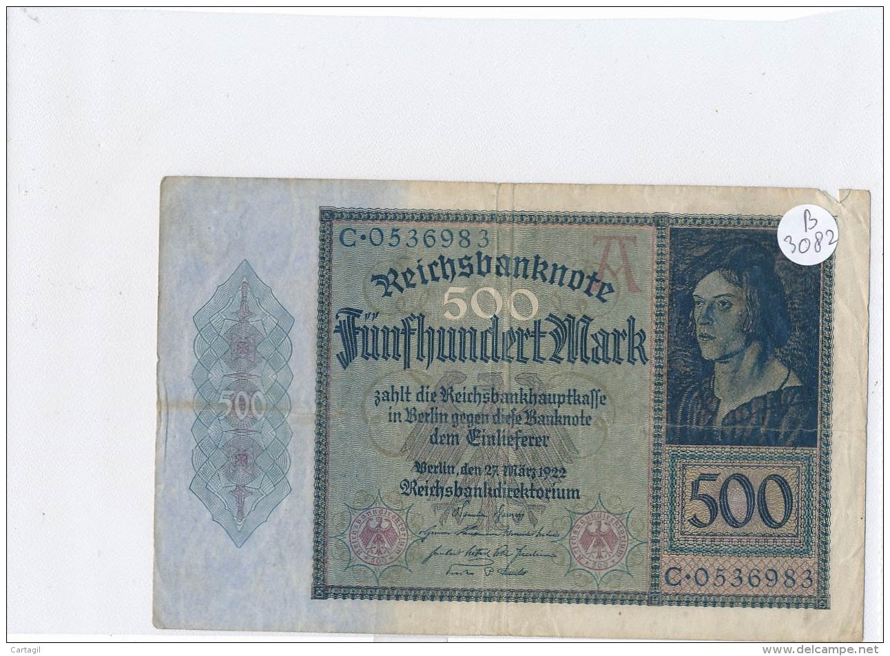 Billets -B3082- Allemagne - 500 Mark 1922 (type, Nature, Valeur, état... Voir  Double Scan) - 500 Mark