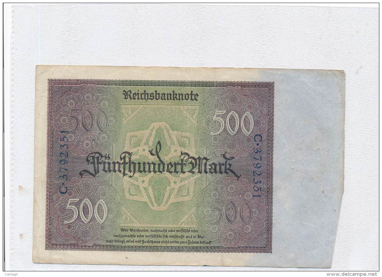 Billets -B3079- Allemagne - 500 Mark 1922 (type, Nature, Valeur, état... Voir  Double Scan) - 500 Mark