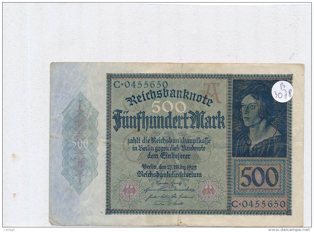 Billets -B3078- Allemagne - 500 Mark 1922 (type, Nature, Valeur, état... Voir  Double Scan) - 500 Mark