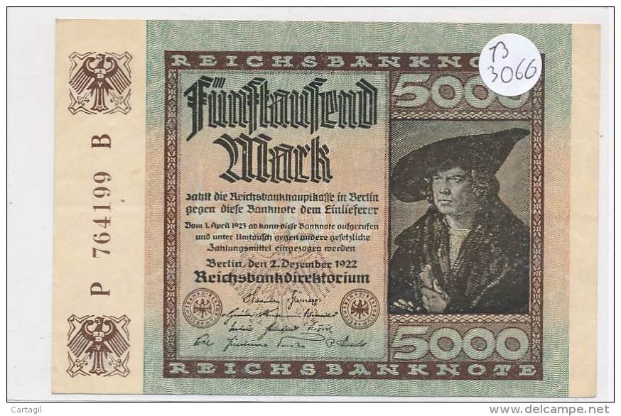 Billets -B3066- Allemagne - 5000 Mark 1922 (type, Nature, Valeur, état... Voir  Double Scan) - 5000 Mark