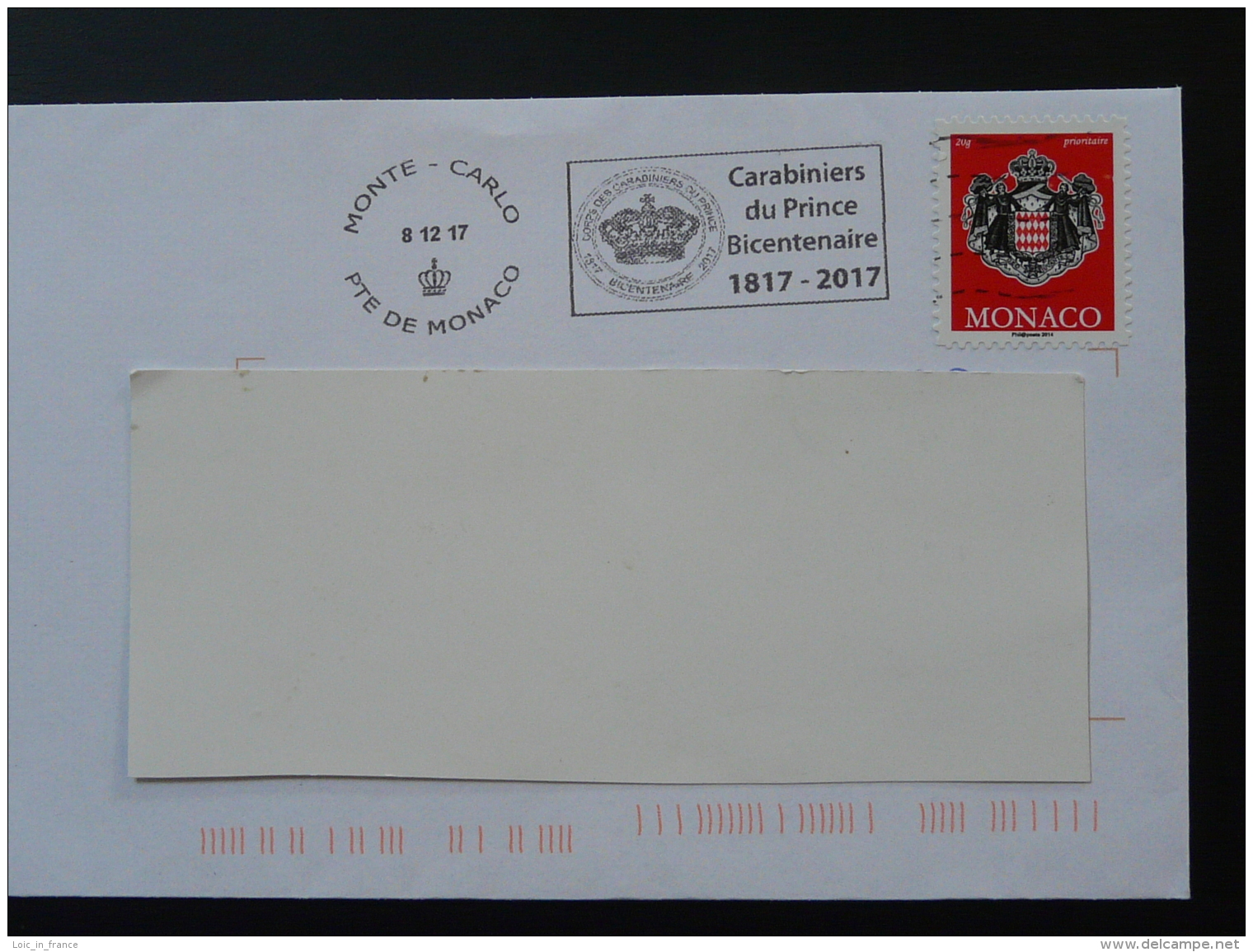 08/12/2017 Bicentenaire Carabiniers Du Prince Flamme Monaco Sur Lettre Postmark On Cover - Poststempel