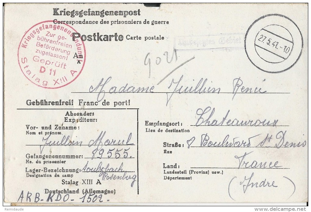 PRISONNIERS De GUERRE - 1941 - CARTE "KRIEGSGEFANGENENPOST" Du STALAG XIIIA - VOIR CENSURE - Guerre De 1939-45