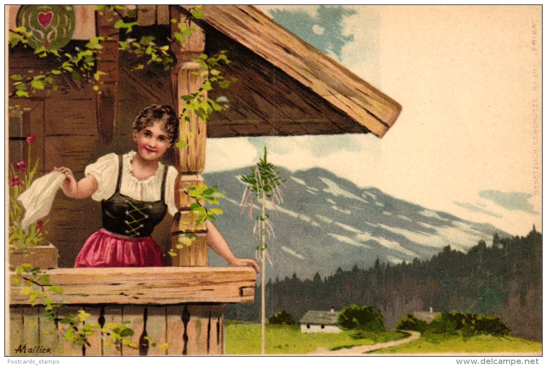 Dame Im Dirndl, Bauernhaus, Berge, Sign. Mailick, Um 1900/05 - Mailick, Alfred