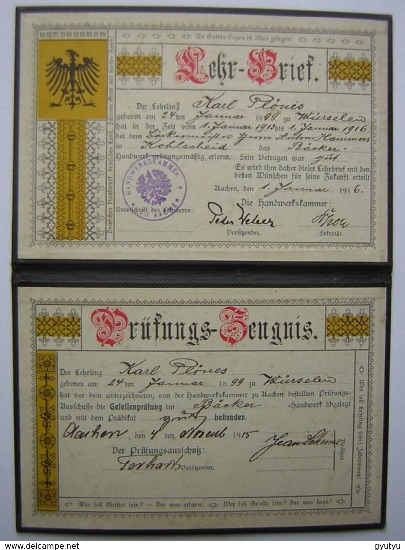 Rare Lehr Brief De 1916 (certificat D'apprentissage Allemand) De 1916 Pour Un Boulanger Né En 1899 Karl Plones Wurzelen - Diplomi E Pagelle