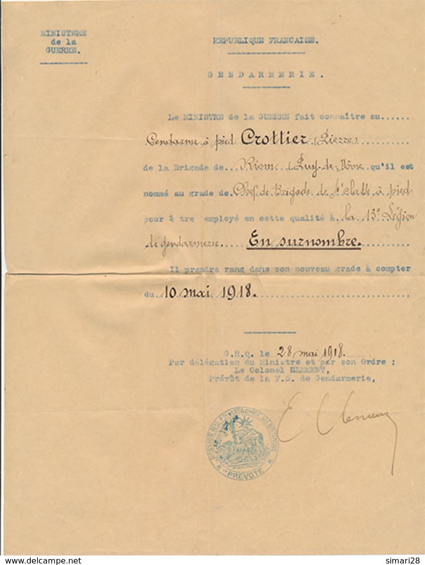 GENDARMERIE - NOMINATION - 1918 - Non Classificati