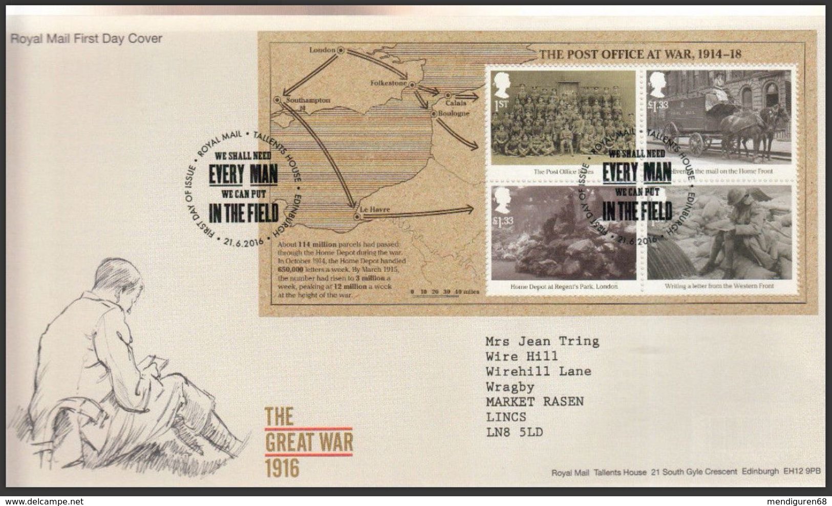 GROSSBRITANNIEN GRANDE BRETAGNE GB 2016 THE GREAT WAR 1916 M/S FDC  SG MS3848 MI BL102-3899-902 YV F4311-14 - 2011-2020 Decimal Issues