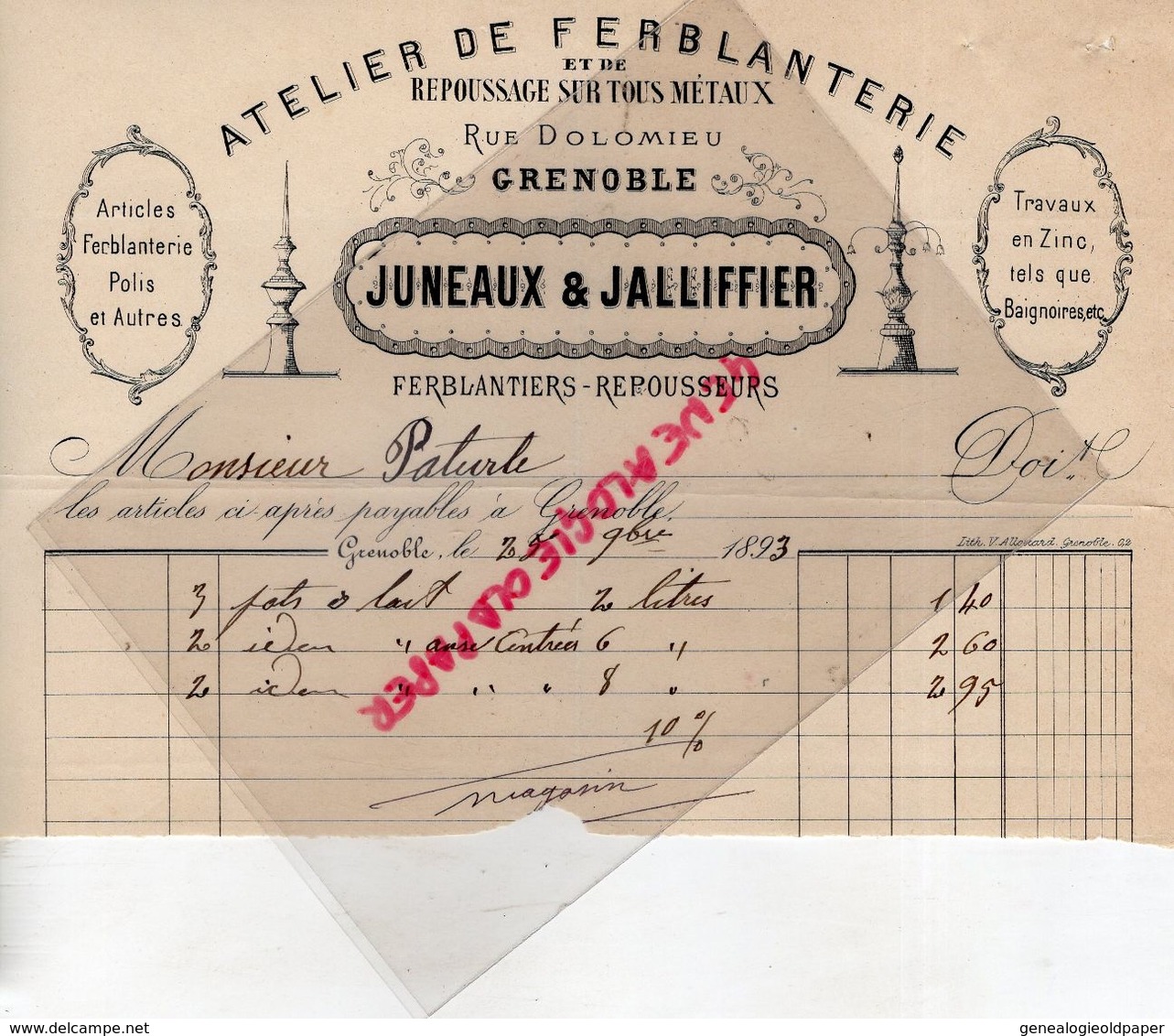 38- GRENOBLE- FACTURE JUNEAUX & JALLIFFIER- ATELIER FERBLANTERIE-RUE DOLOMIEU- FERBLANTIER - 1893 - 1800 – 1899