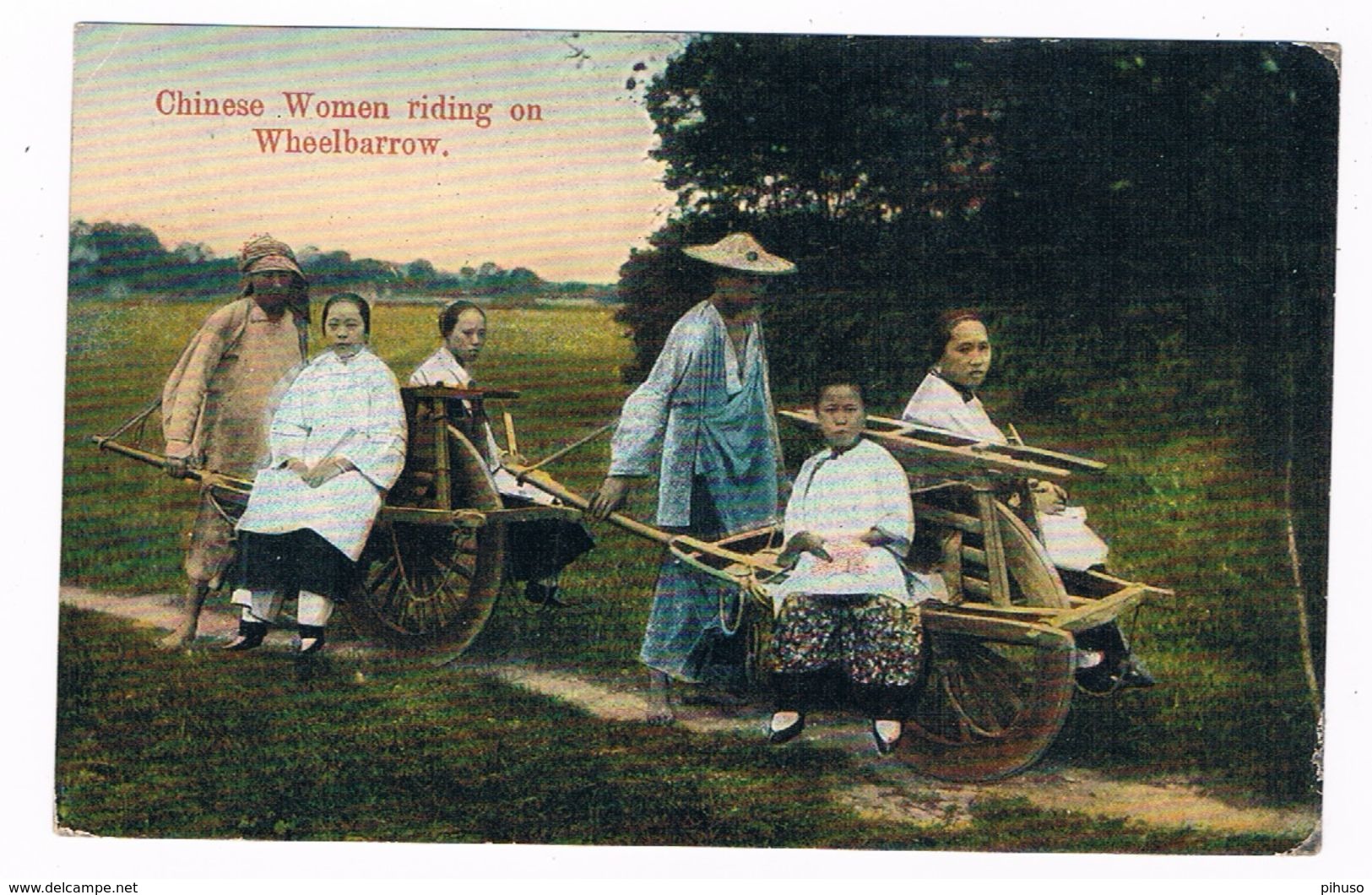 ASIA-1334   Chinese Women Riding On Wheelbarrow - China