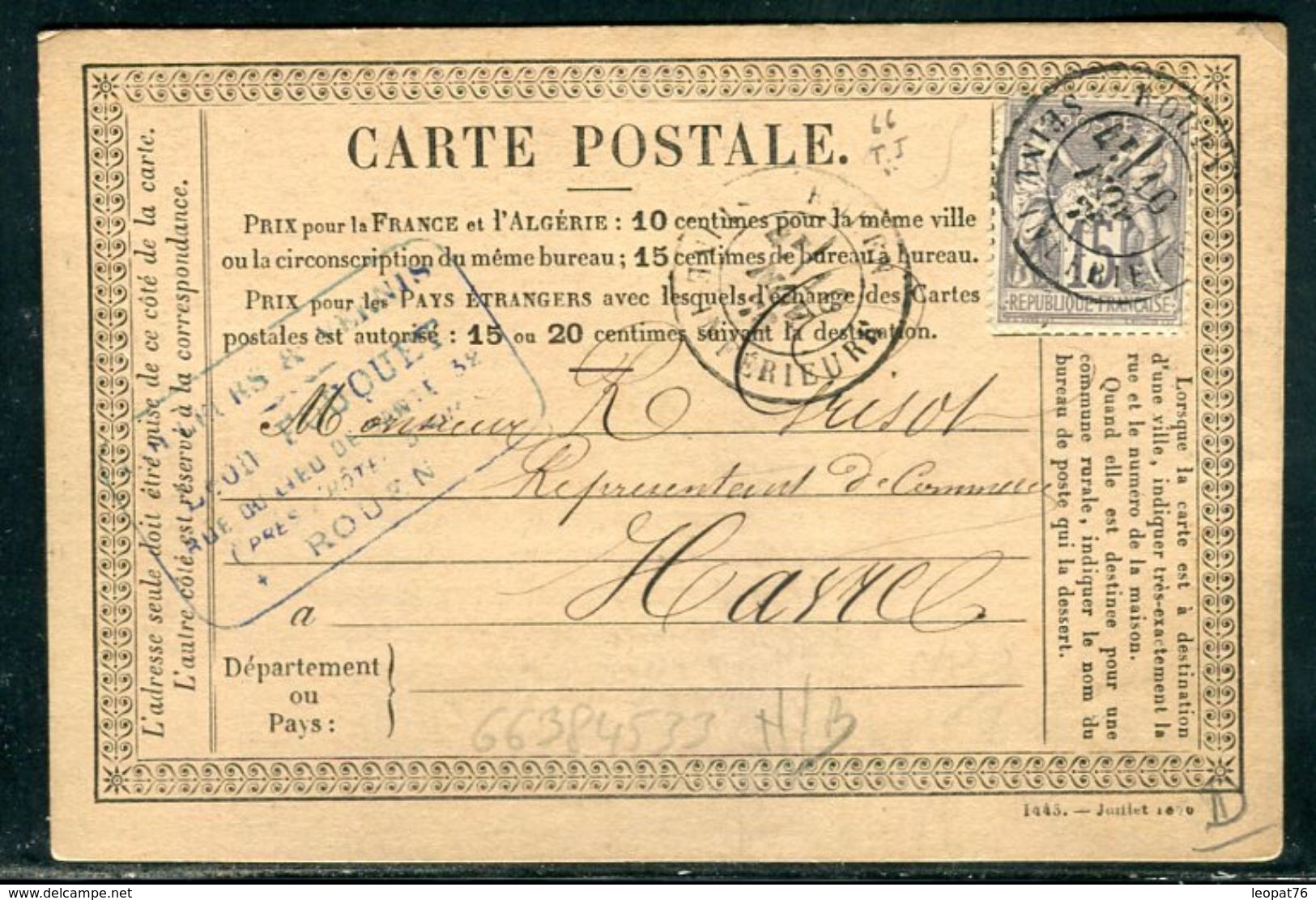 Carte Précurseur De Rouen Pour Le Havre En 1876,  Affranchissement Type Sage  - Ref F47 - Cartes Précurseurs