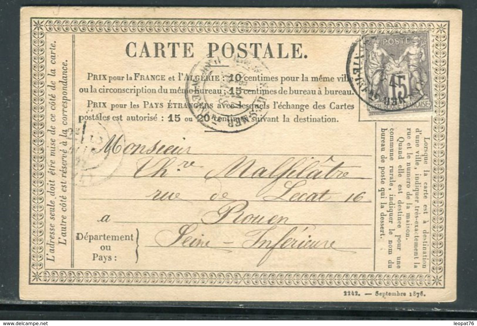 Carte Précurseur De Rochefort Pour Rouen En 1877,  Affranchissement Type Sage - Ref F55 - Precursor Cards