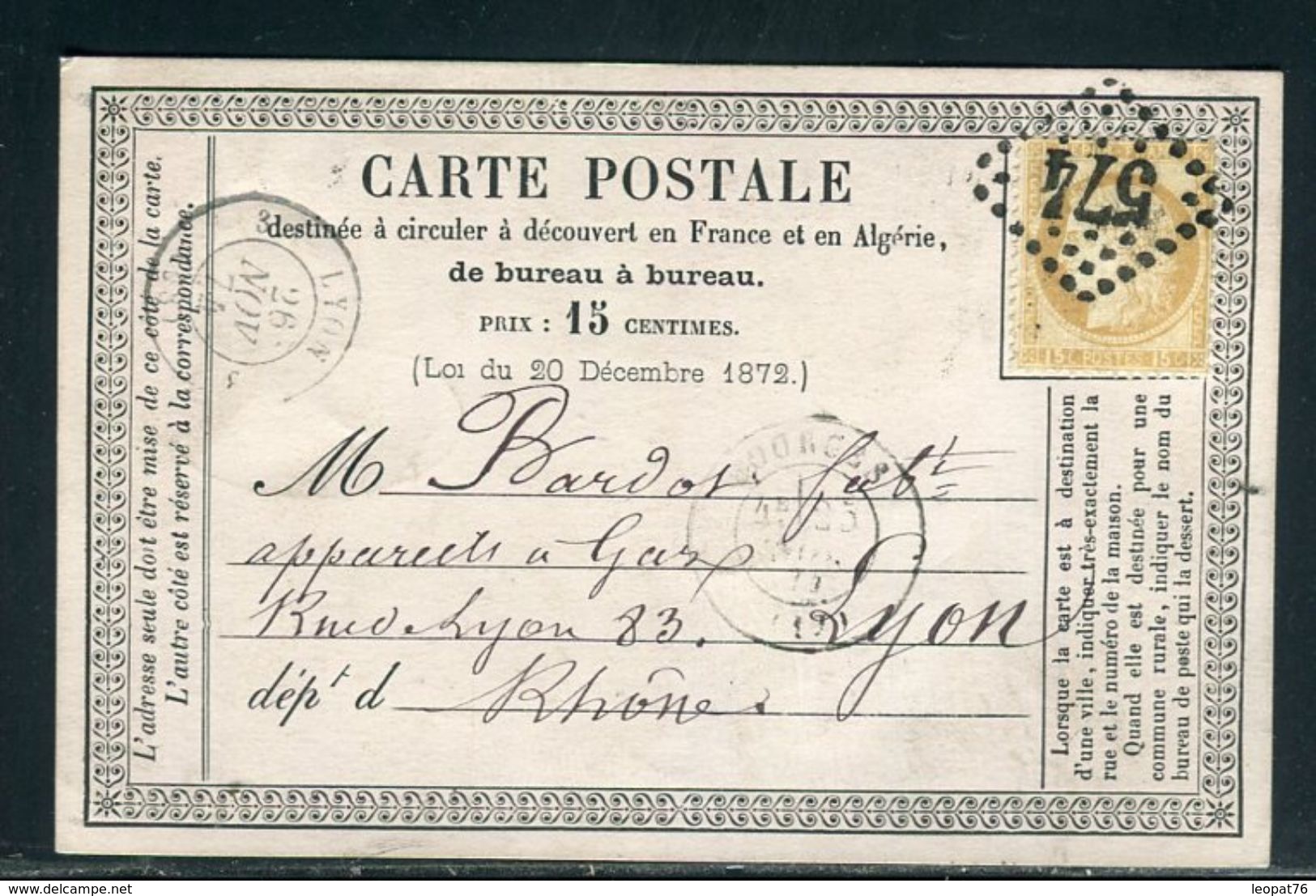 Carte Précurseur De Bourges Pour Lyon En 1874,  Affranchissement Type Cérès - Ref F58 - Precursor Cards