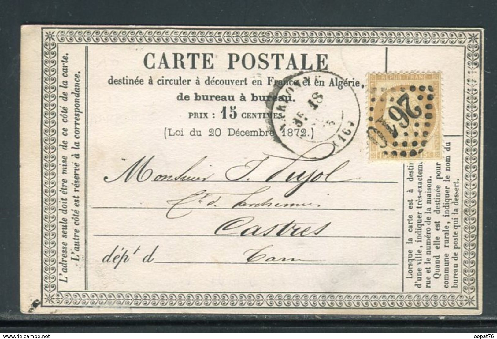 Carte Précurseur De Narbonne Pour Le Castres En 1875,  Affranchissement Type Cérès - Ref F60 - Precursor Cards