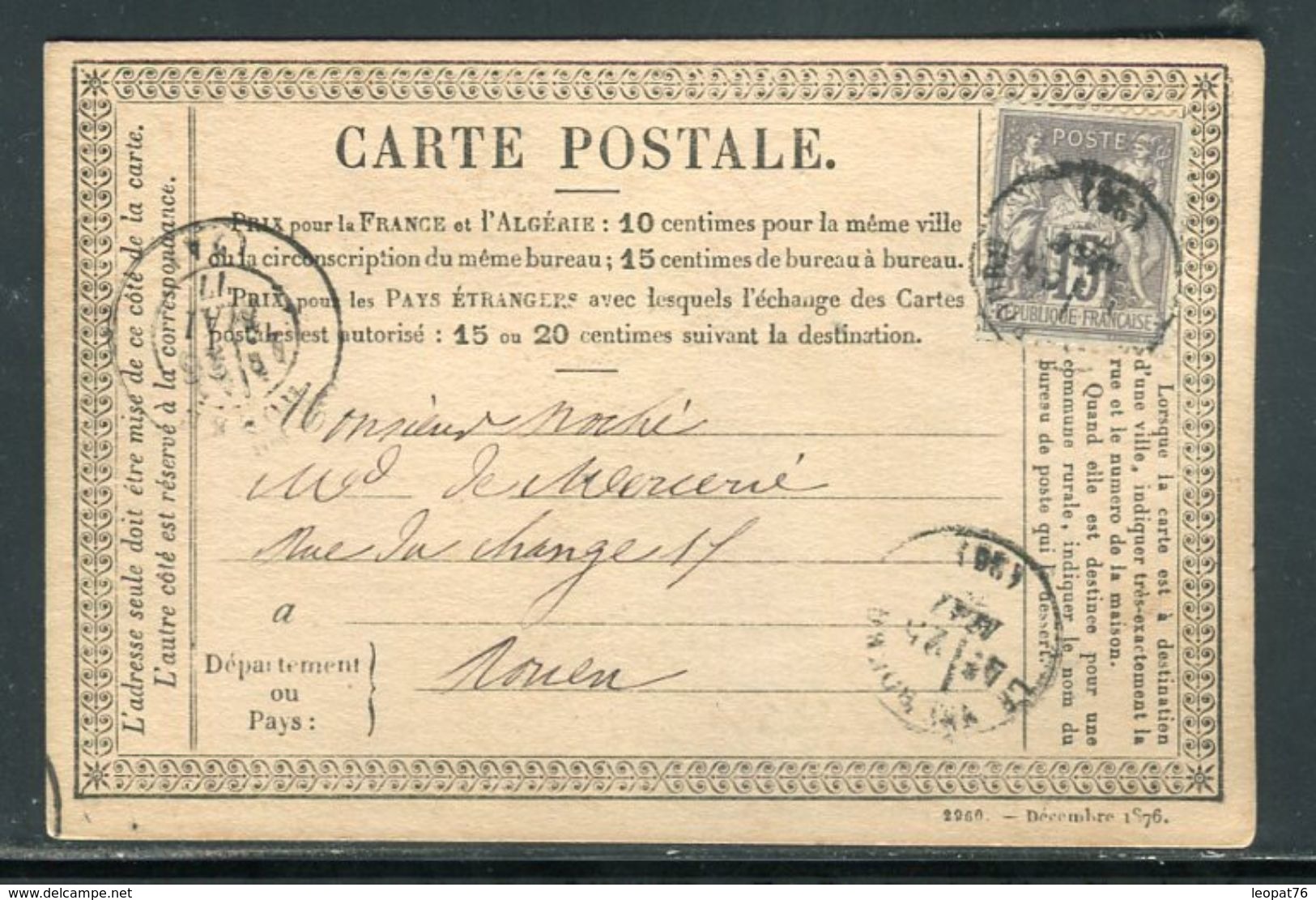Carte Précurseur Du Neubourg Pour Rouen En 1877,  Affranchissement Type Sage - Ref F67 - Precursor Cards
