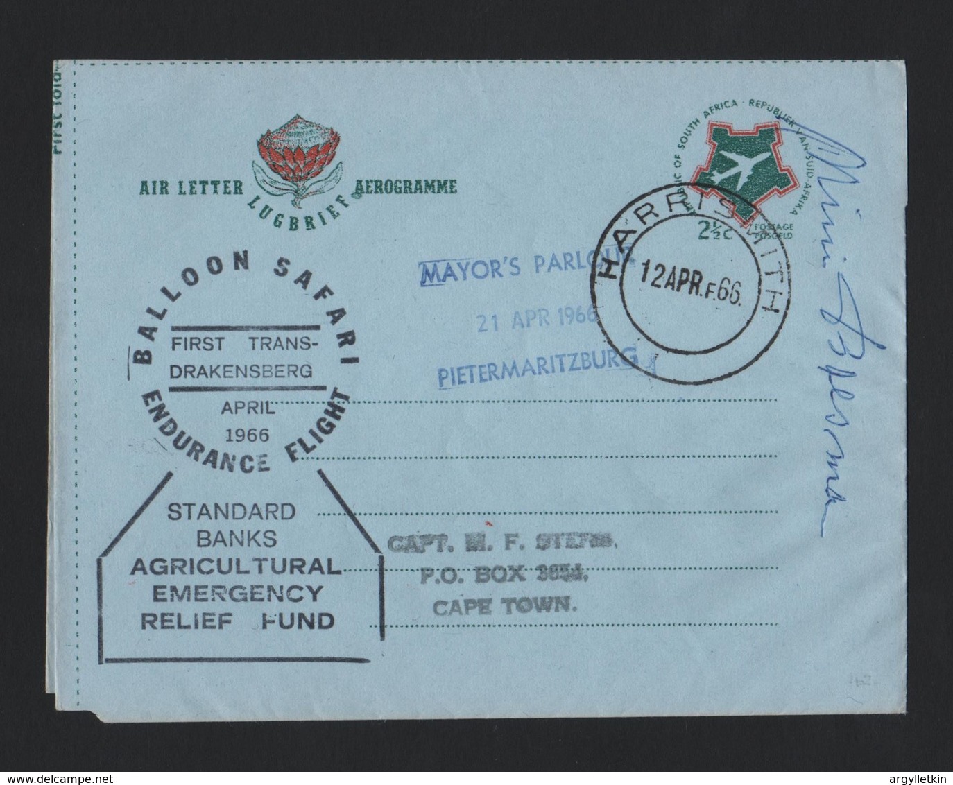 SOUTH AFRICAN AIRLETTER STATIONERY BALLOON FLIGHT PILOT SIGNED 1966 - Aéreo