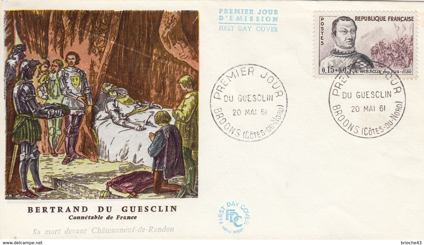 FRANCE - FDC BERTRAND DU GUESCLIN - OBLITERATION PREMIER JOUR 20.5.61 BROONS CÔTES-DU-NORD    /1 - 1960-1969