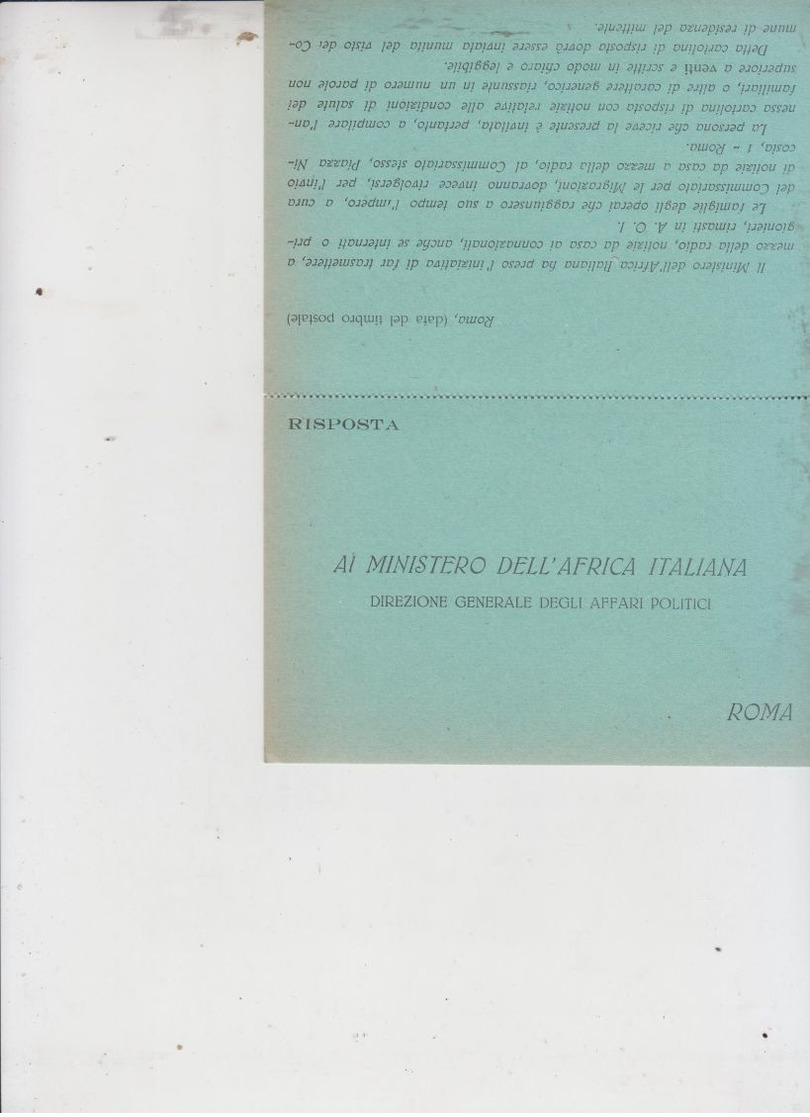 Storia Postale Cartolina Intonsa Nuova Ministero Dell'africa Italiana Con Risposta - Storia Postale