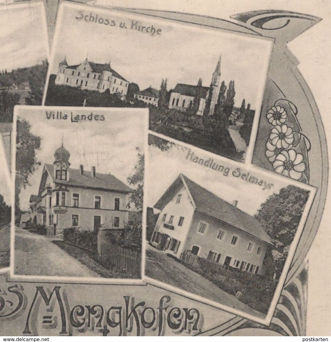 ALTE POSTKARTE GRUSS AUS MENGKOFEN GASTHAUS ZUR POST VILLA LANDES HANDLUNG SELMAYR TOTAL-ANSICHT SCHLOSS UND KIRCHE - Altri & Non Classificati