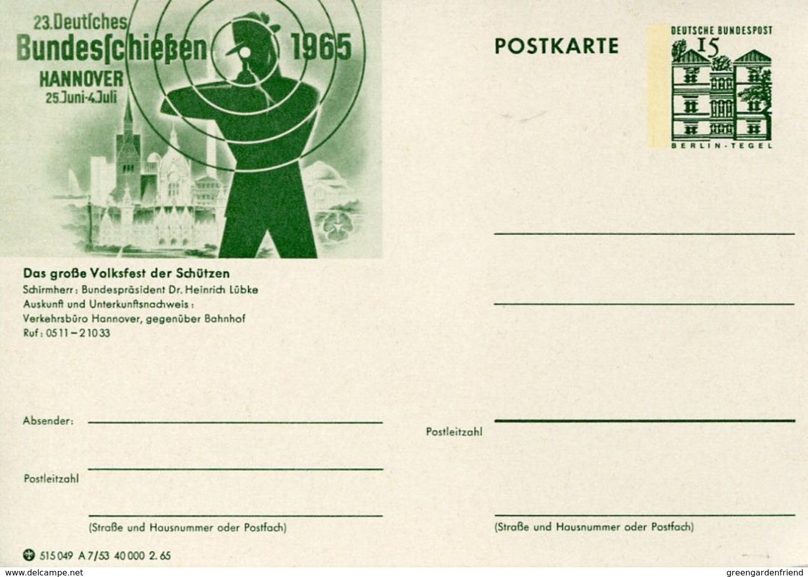 30419 Germany, Stationery Card 15pf. 1965 Bundesschiessen Hannover Schutzen Volkfest - Tiro (armas)