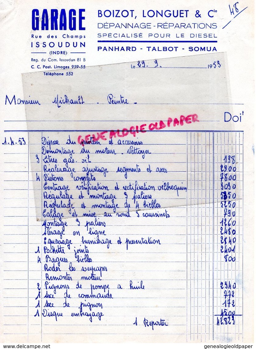 36- ISSOUDUN- FACTURE GARAGE BOIZOT LONGUET- RUE DES CHAMPS- PANHARD-TALBOT-SOMUA- 1953 - Cars